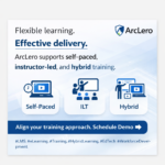 ArcLero graphic showing Self-Paced, Instructor-Led (ILT), and Hybrid training delivery options with a Schedule Demo call-to-action.