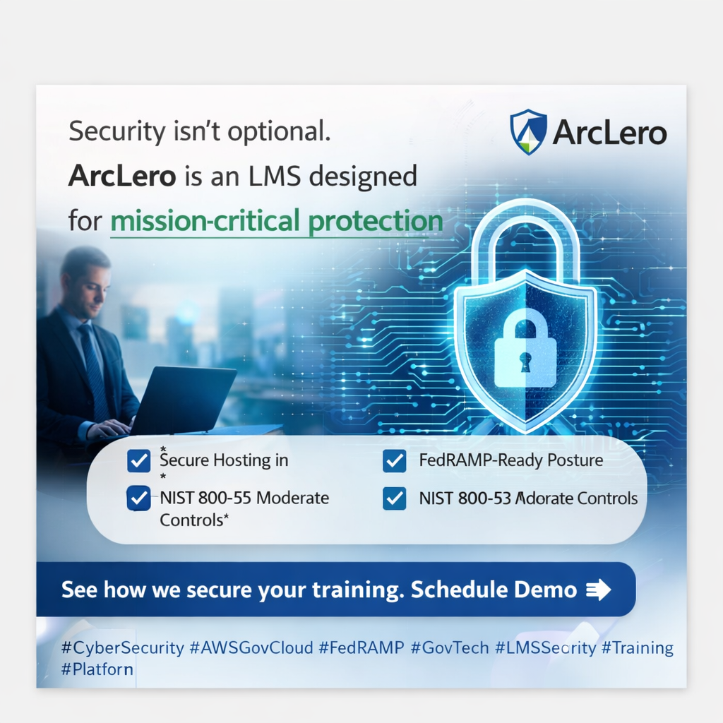 ArcLero security graphic featuring a digital lock/shield icon and security messaging with a Schedule Demo call-to-action.